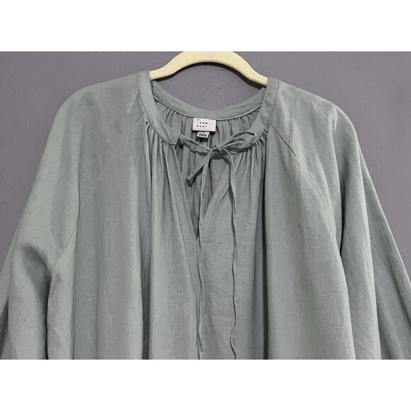 A New Day (Target) M Sage Green Blouse Top Linen Blend Oversized Comfort Tie - Picture 3 of 12